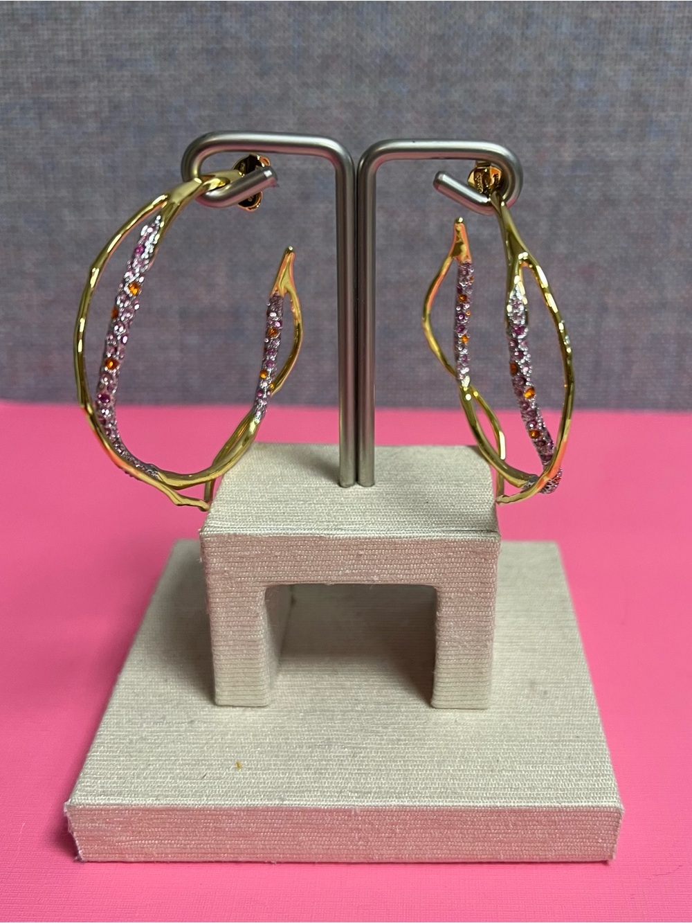 Alexis Bittar Gold Hoop Earrings with Pink and Orange Crystals